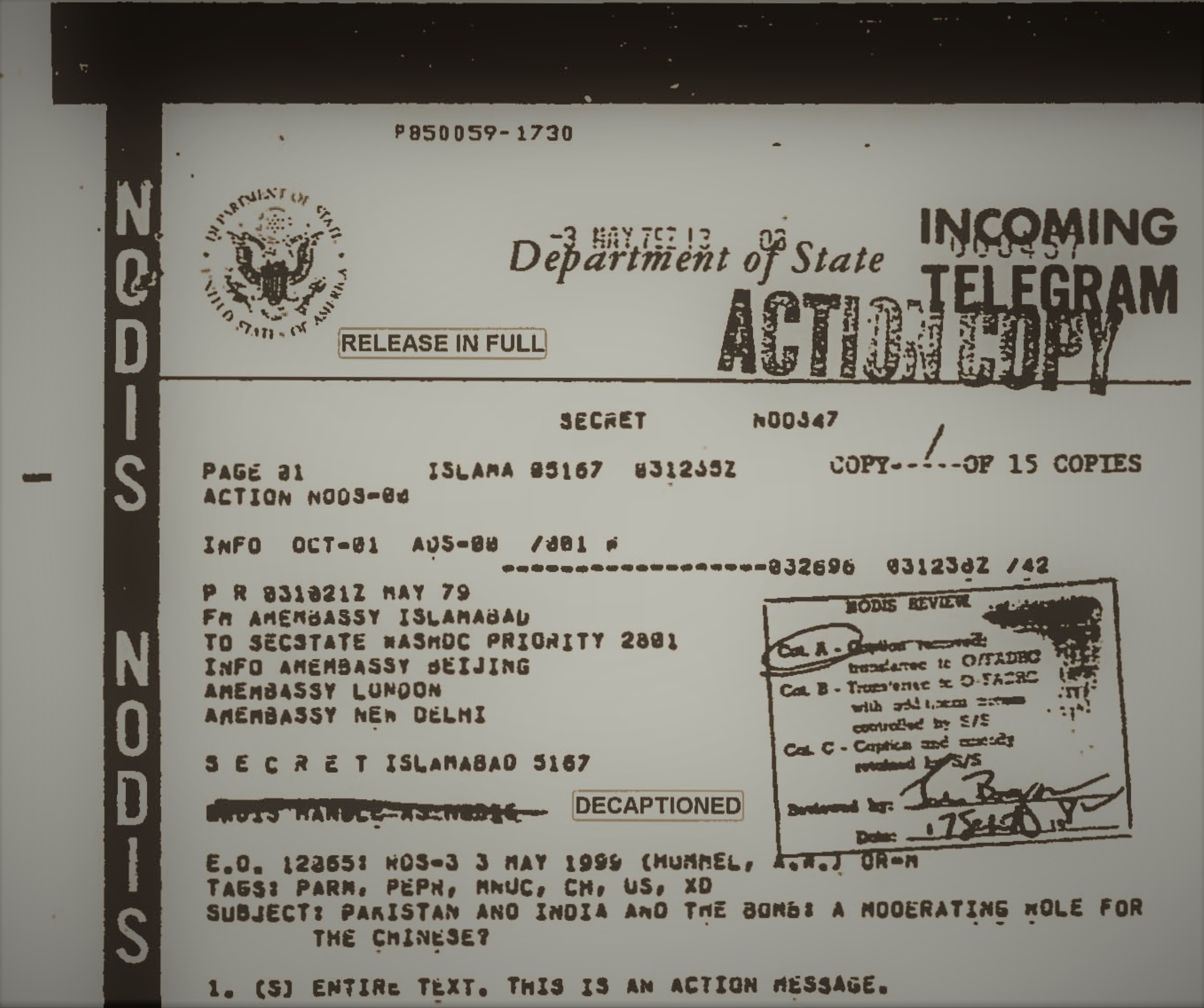 Department of State telegram by Arthur W. Hummel, U.S. Ambassador to Pakistan, 3 May 1979