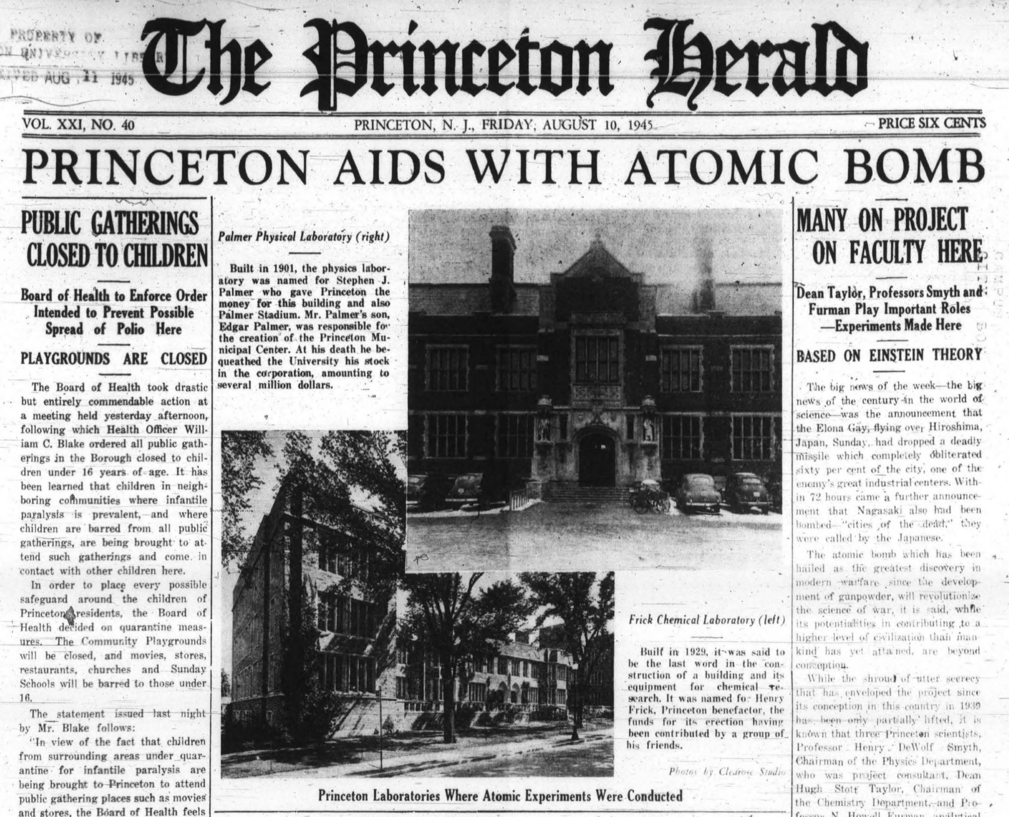 Princeton Aids With Atomic Bomb.  August 10, 1945