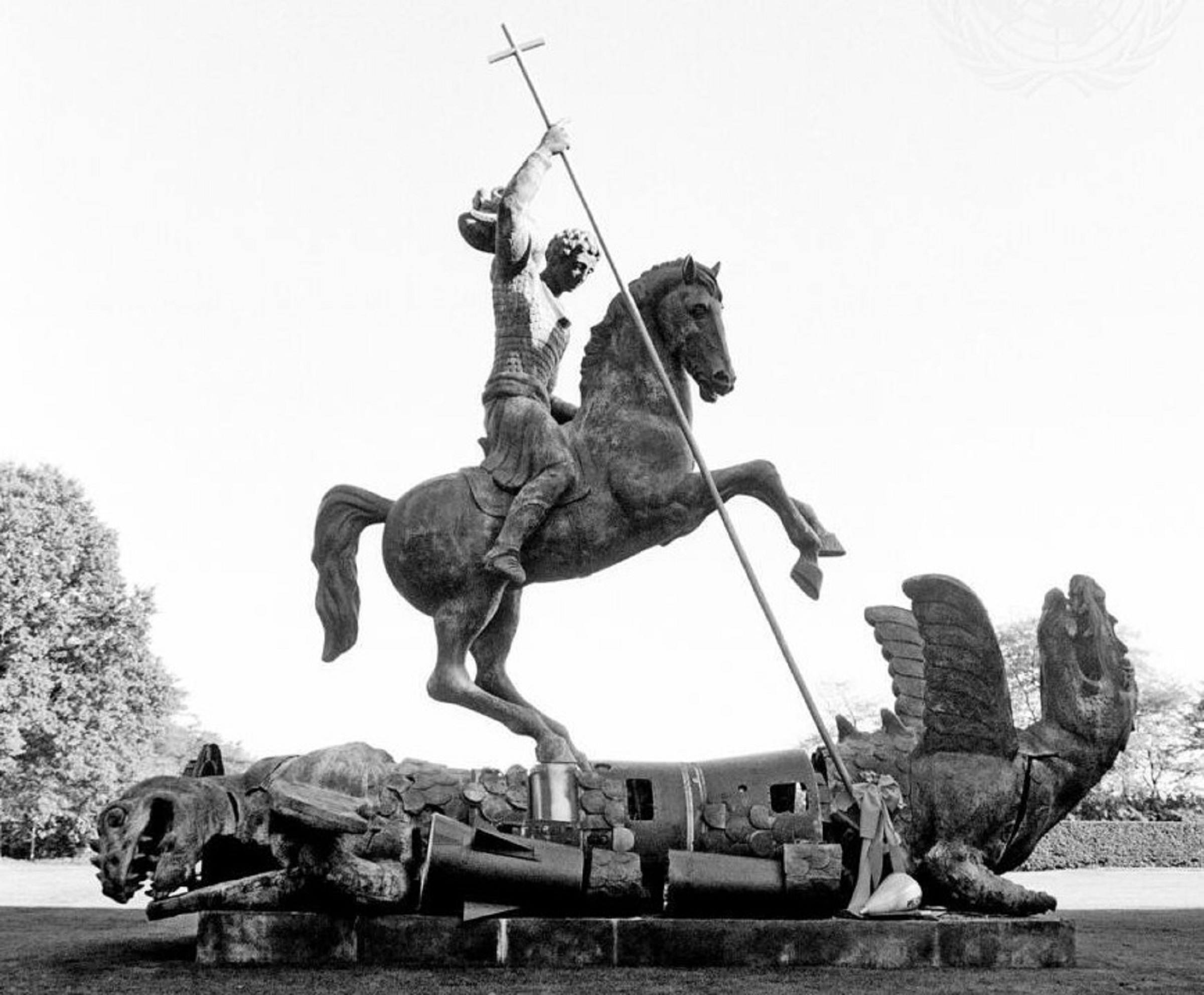 "Good Defeats Evil" depicting St. George slaying a dragon made from fragments of Soviet SS-20 and US Pershing nuclear missiles, United Nations, New York.