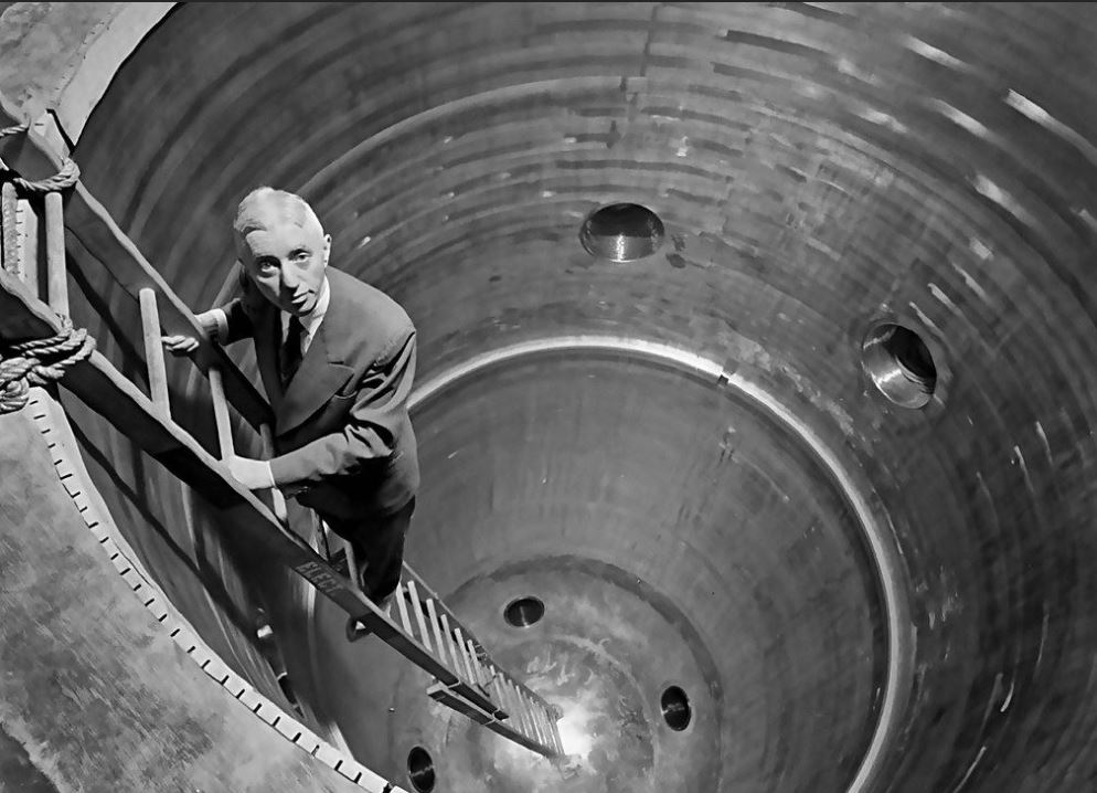 Admiral Hyman Rickover standing on a ladder in reactor vessel of Shippingport Atomic Power Station, Pennsylvania, 1957, Photo by Yale Joel, US NRC Flickr.  