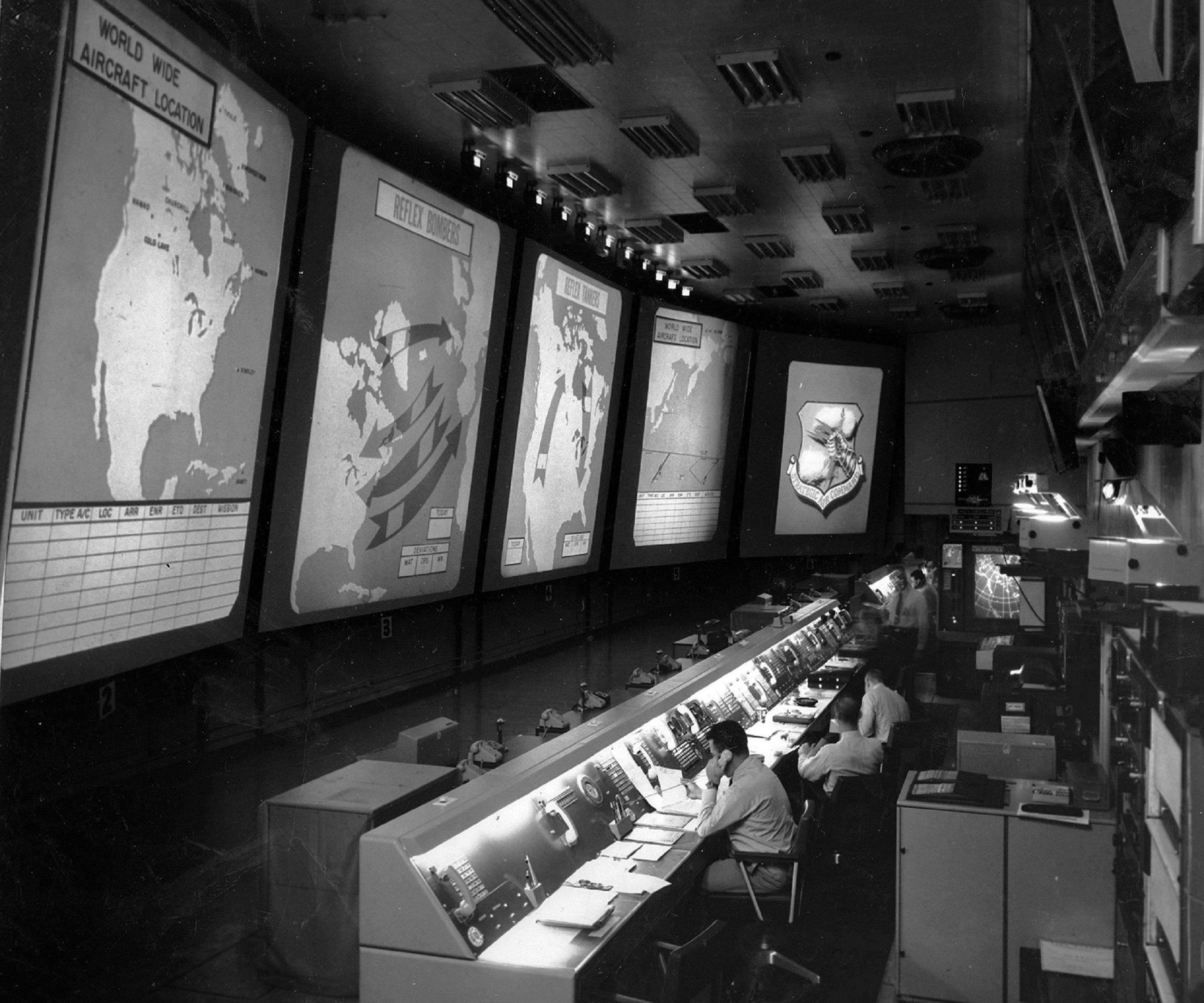 Photo of US Strategic Command Post underground control center, Offutt Air Force Base, Nebraska, circa 1963. Photo from U.S. National Archives and Records Administration.