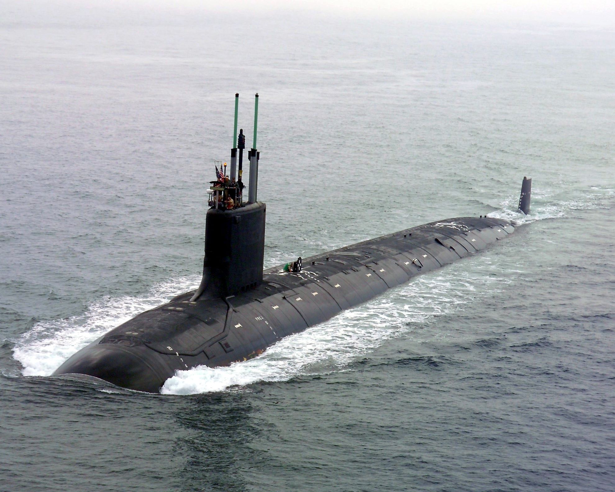 Photo of USS Virginia (SSN-774) submarine underway in Groton, Connecticut, July 2004. US Navy photo by General Dynamics Electric Boat.
