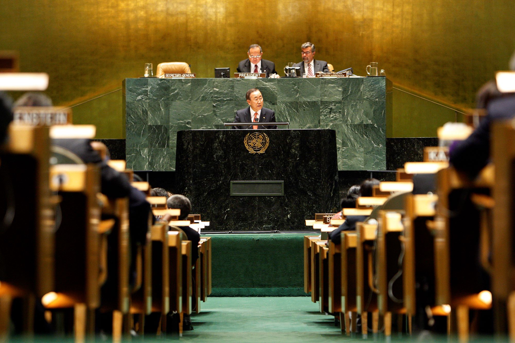 Photo of United Nations Secretary-General Ban Ki-moon speaking at the 2010 High-level Review Conference of the Parties to the Treaty on the Non-Proliferation of Nuclear Weapons (NPT). United Nations photo by Mark Garten.