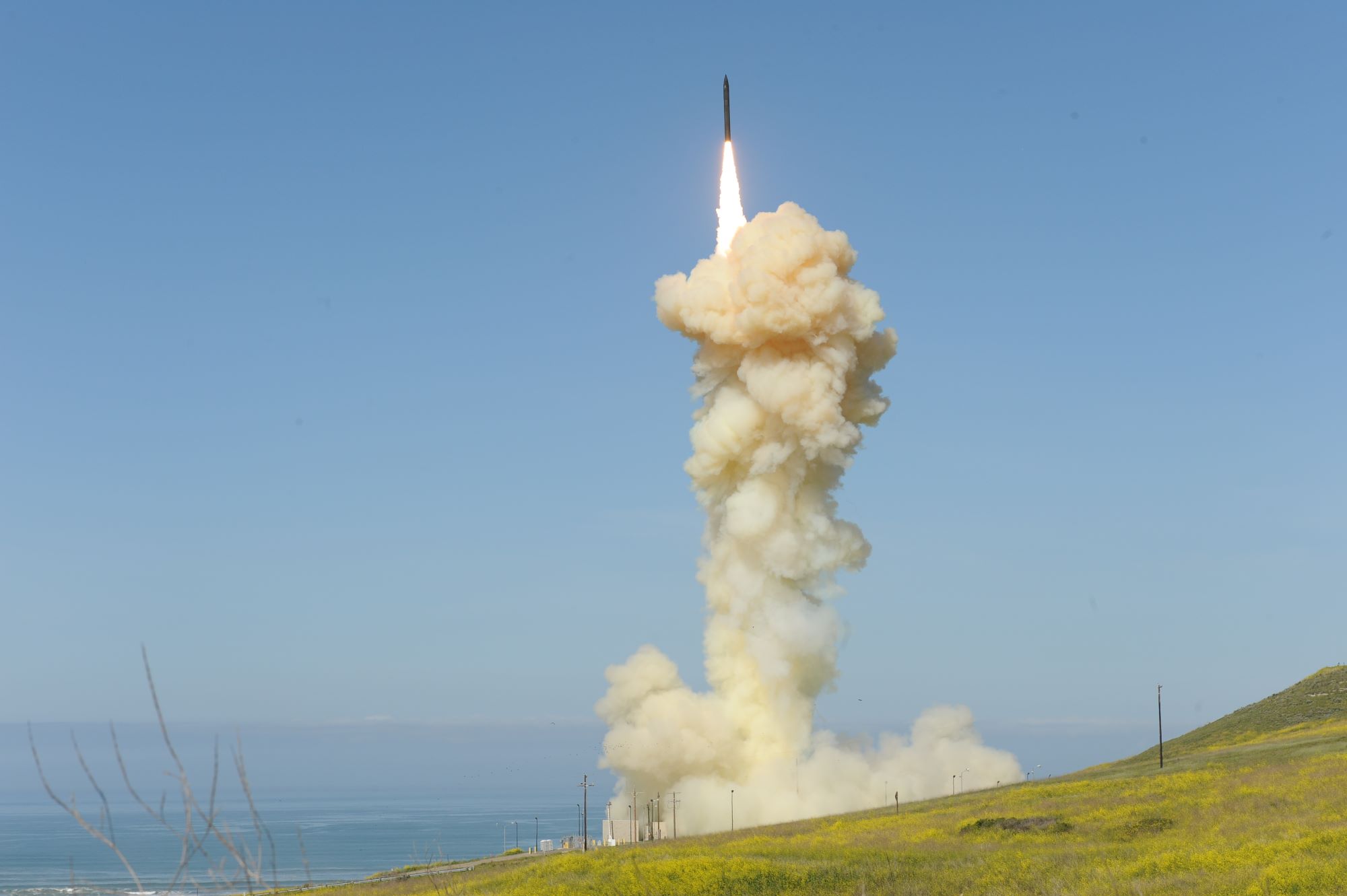 The ‘lead’ Ground-based Interceptor is launched from Vandenberg Air Force Base, California, March 25, 2019, in the first-ever salvo engagement test of a threat-representative ICBM target. Photo by Missile Defense Agency.