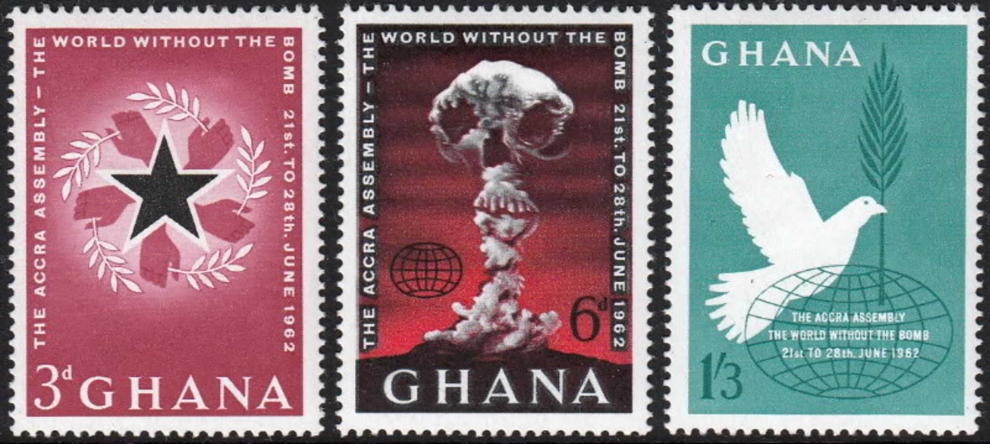 Stamps issued to mark the Accra Assembly on nuclear disarmament, "The World Without the Bomb", convened in  Accra, Ghana on June 1962. Source: stampboards.com.