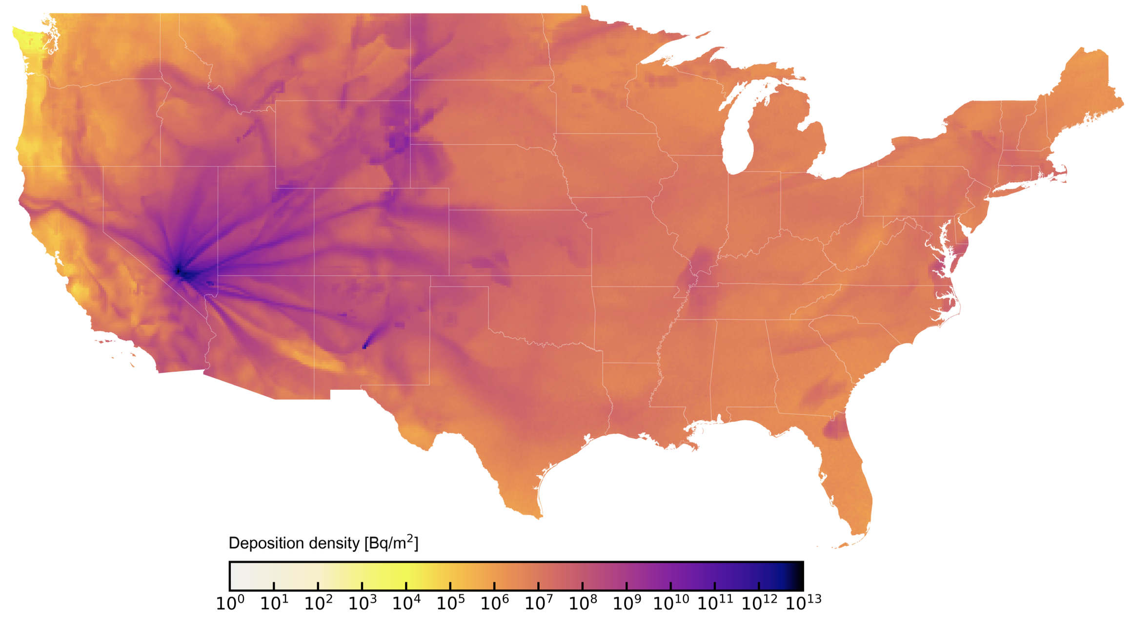 A map depicting composite deposition of radioactive material across the contiguous U.S. from the Trinity test in New Mexico and from 93 atmospheric tests in Nevada.