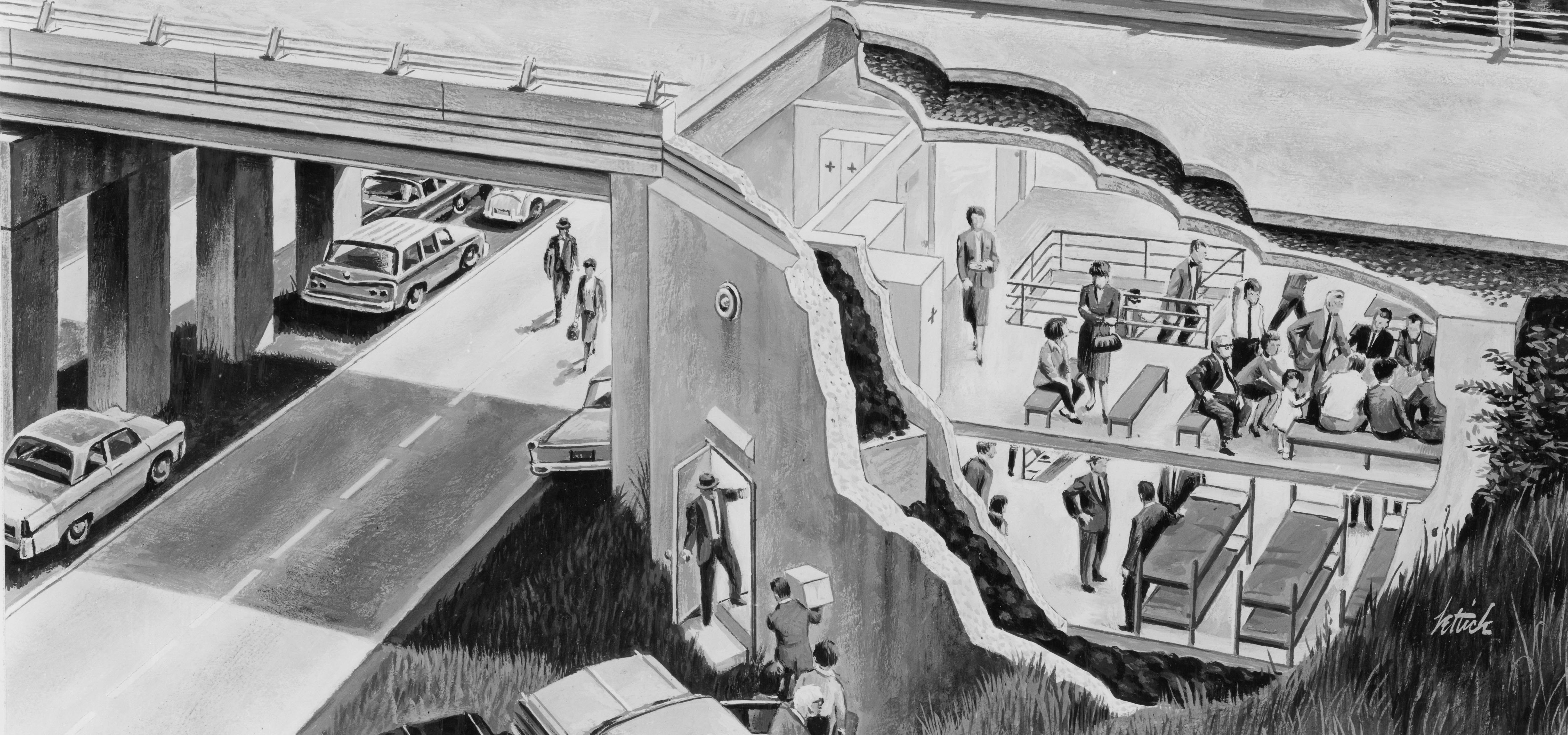 Drawing of bomb shelter under a highway