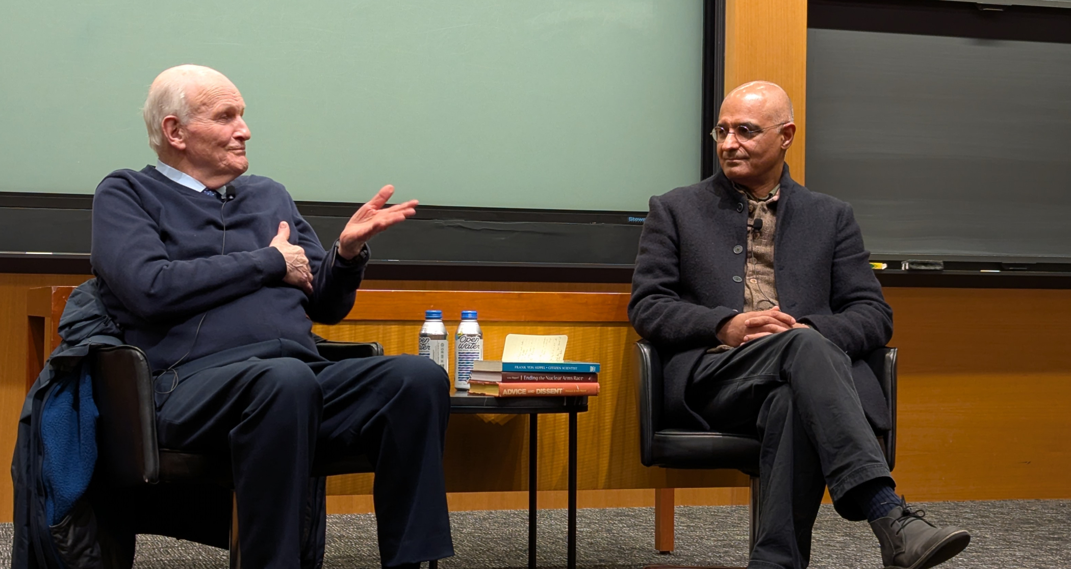Frank von Hippel (left) and Zia Mian (right) at an event celebrating 50 years of SGS and discussing Frank's career,  April 8, 2025 at Princeton University. 
