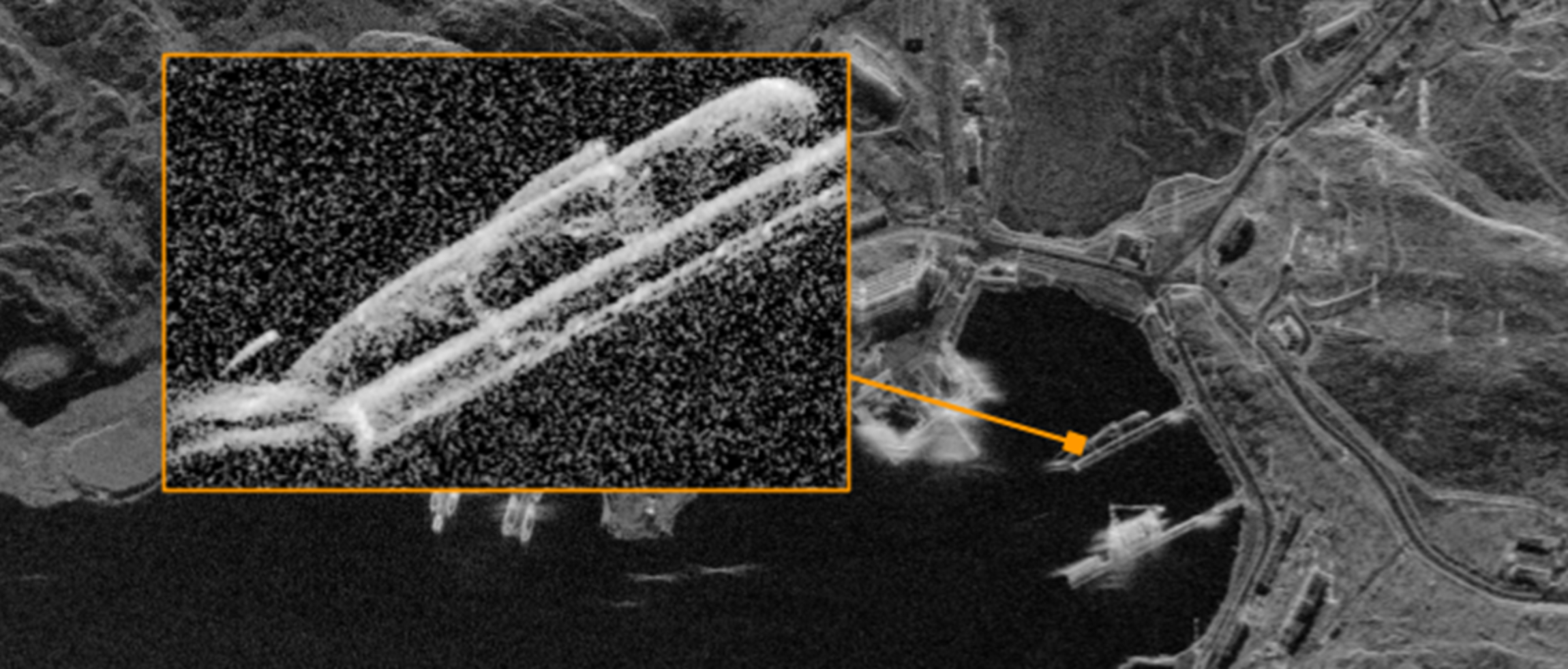 SAR imagery of Russian ballistic missile and tactical nuclear-powered attack submarines at Russia's Sayda Guba Submarine Base, from December 2024. This location is often obscured by clouds, which does not impact SAR. Imagery by Capella Space 2025.