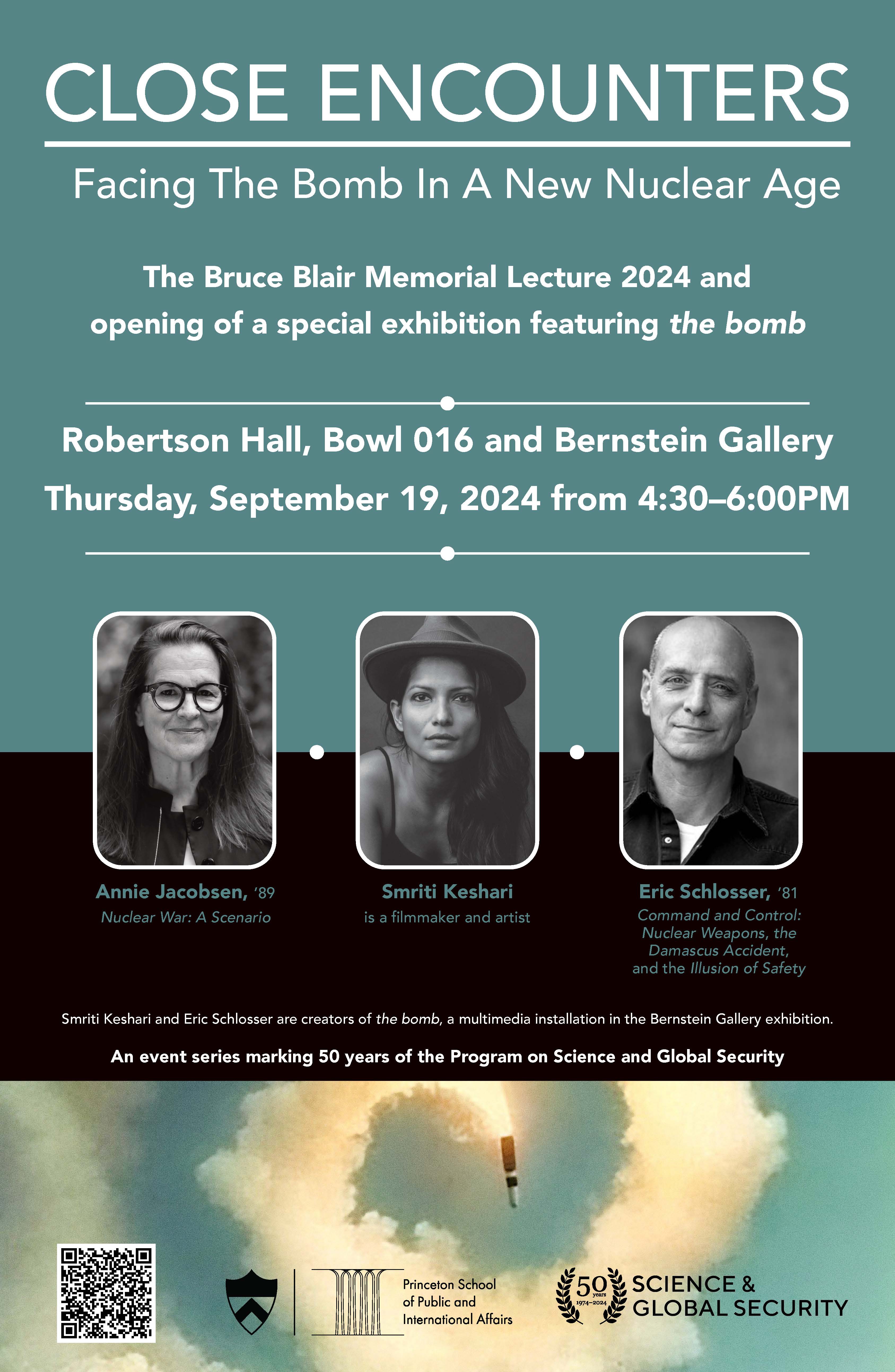 Poster for the Bruce Blair Memorial Lecture 2024 and opening of a special exhibit featuring the bomb.