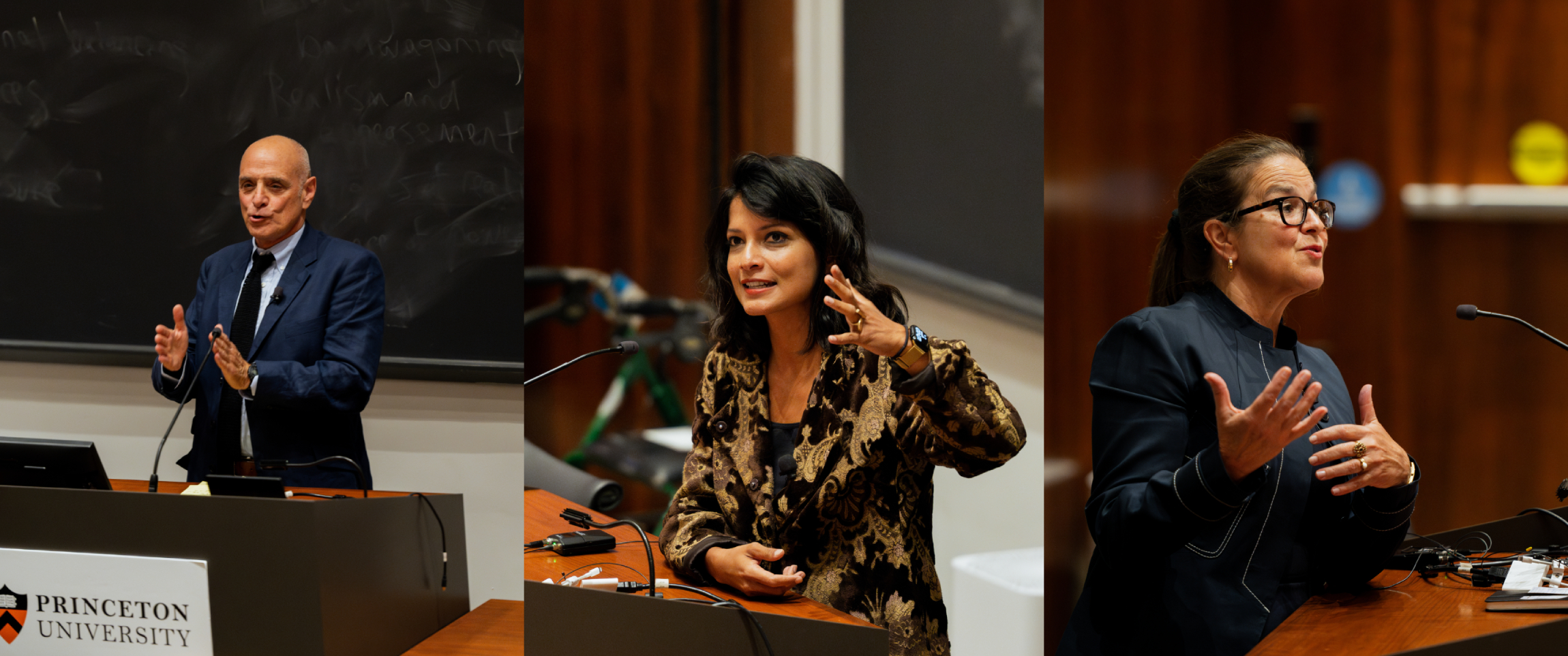 A panel discussion was hosted by Zia Mian. From left to right, Eric Schlosser, Annie Jacobsen and Smriti Keshari.